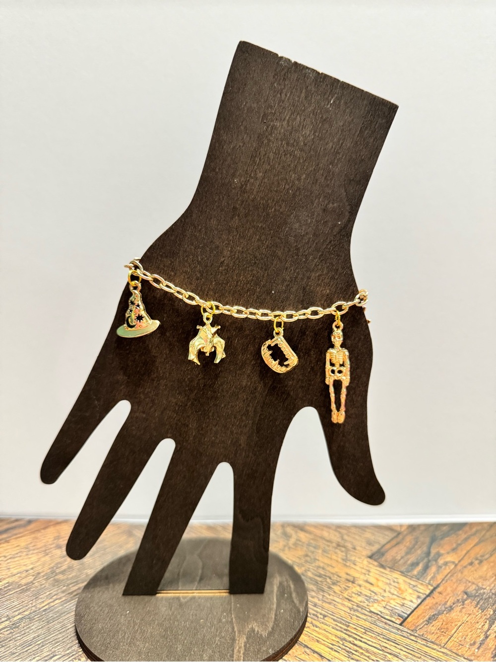 Hand Crafted Goldtone Halloween Charm Bracelet with Multicolor Enamel Accent